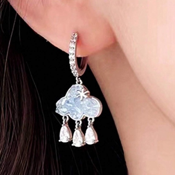 Dainty Silver Tone Rhinestone Clouds Huggie Earrings - Picture 4 of 5